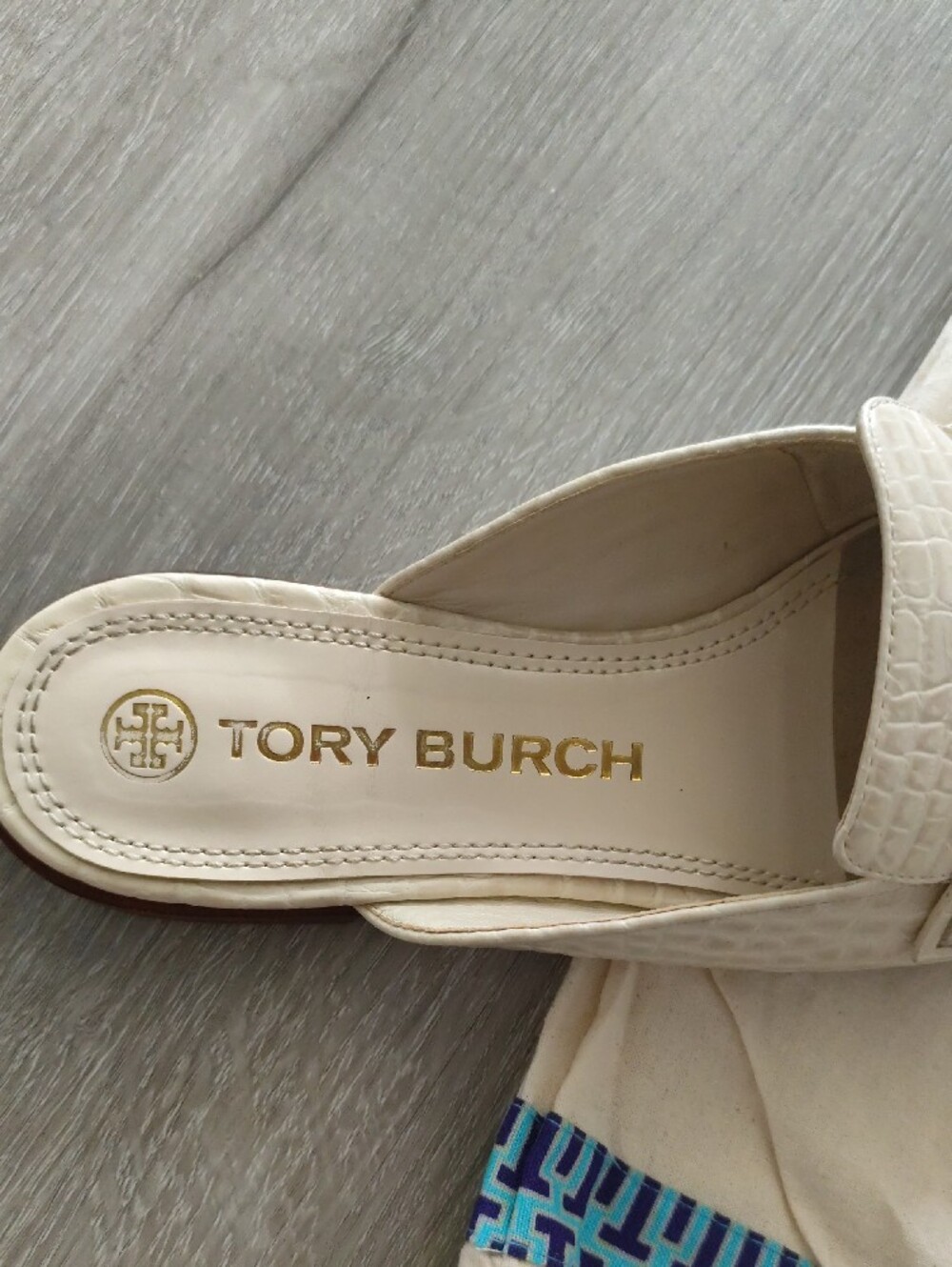 Tory Burch Cream Croc-Embossed Leather Slide Mules - Picture 2 of 6